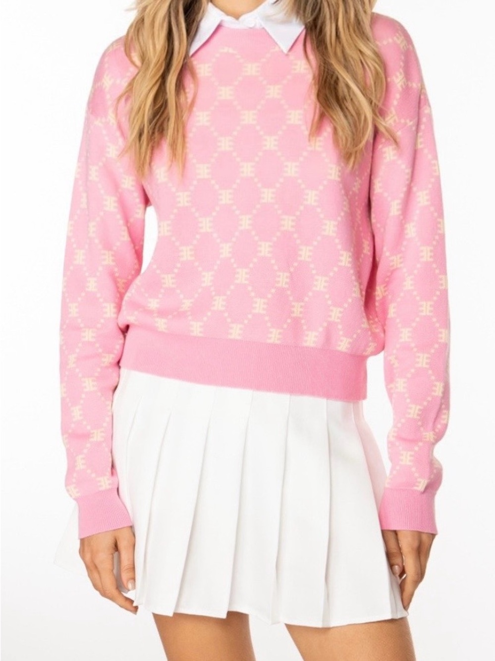 Ellandemm Pink Monogram Crop Sweater XS 100% Cotton Y2K Preppy